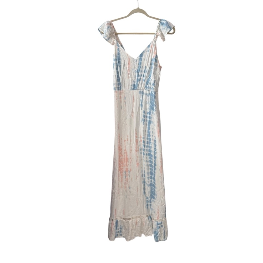 Japna Medium Blue Pink Tie Dye Flutter Sleeve Maxi Dress Rayon Boho Summer Beach